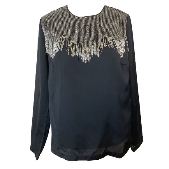 Sandro Black Beaded Tassel Long Sleeve Top Size Small - Picture 1 of 12